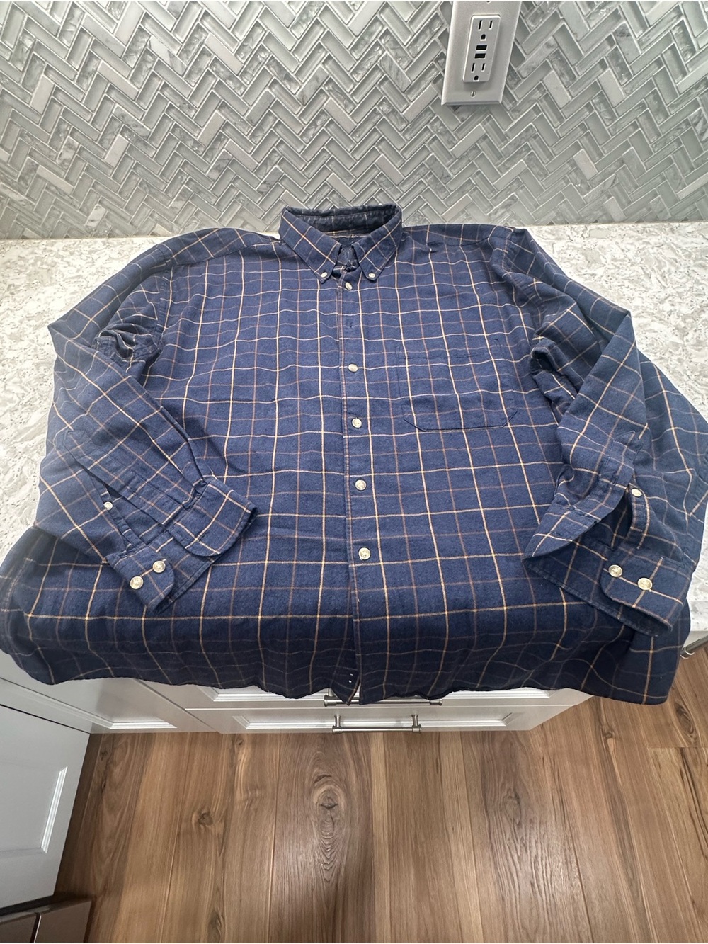 Men's Navy Plaid Button-Down Shirt with Subtle Tan Windowpane